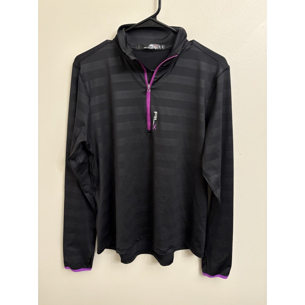 RLX Ralph Lauren Mens XL Black Striped Quarter Zip Golf Pullover Purple Trim